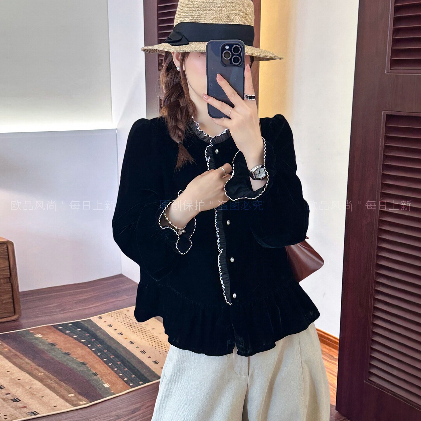 荷叶边木耳边金丝绒衬衫女欧洲站
