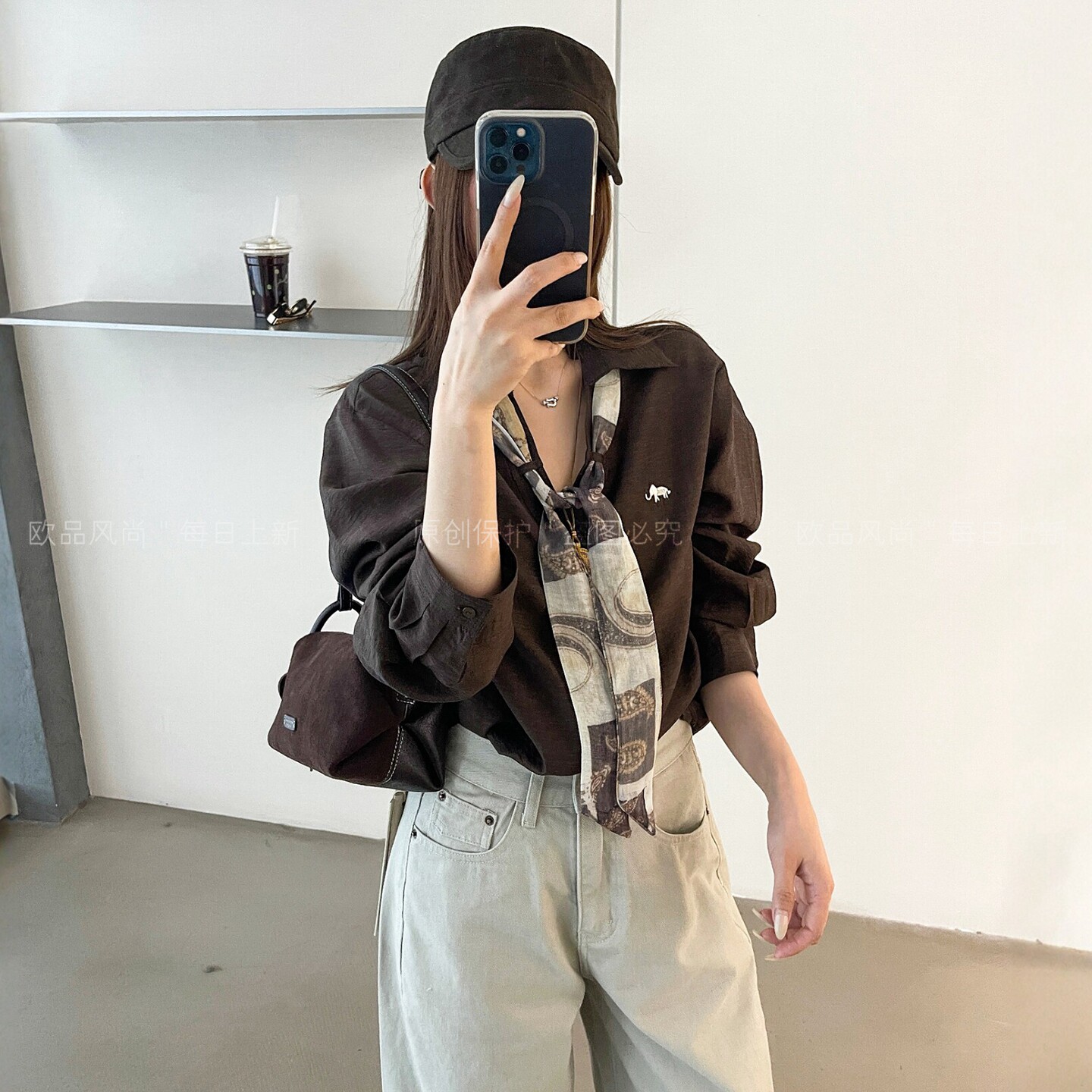 配丝巾刺绣翻领衬衫女欧洲站上衣