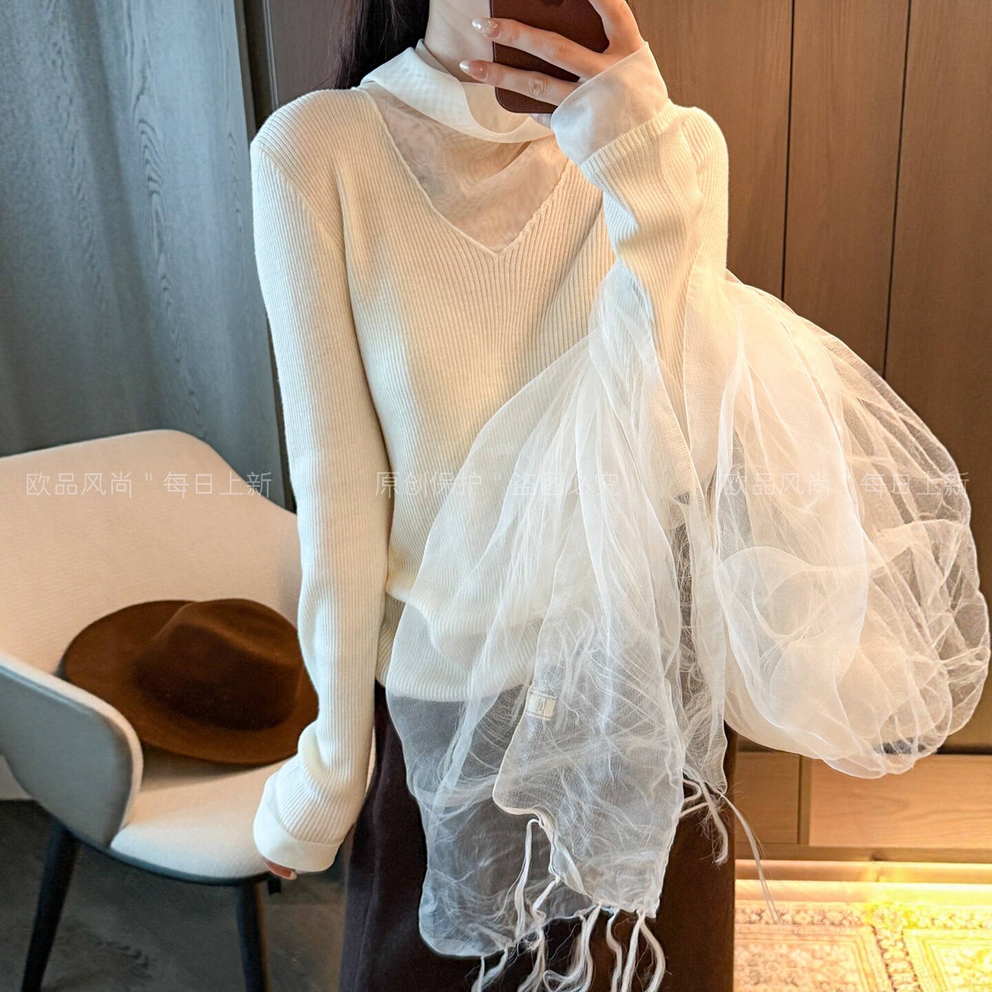 网纱拼接高领针织打底衫女欧洲站