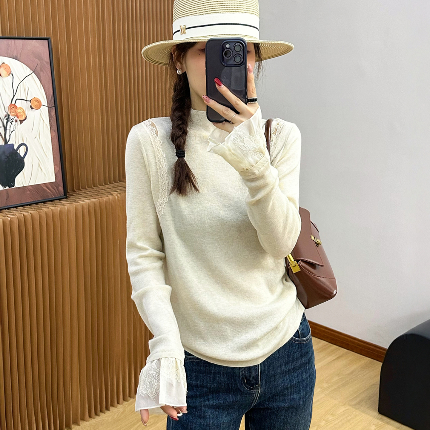 蕾丝拼接喇叭袖羊绒针织衫女欧货