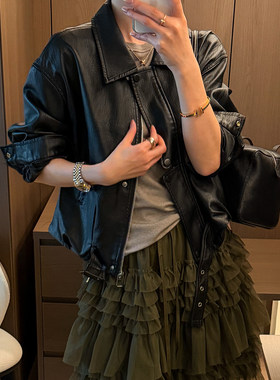 复古翻领蛋白皮PU皮衣女欧货上衣