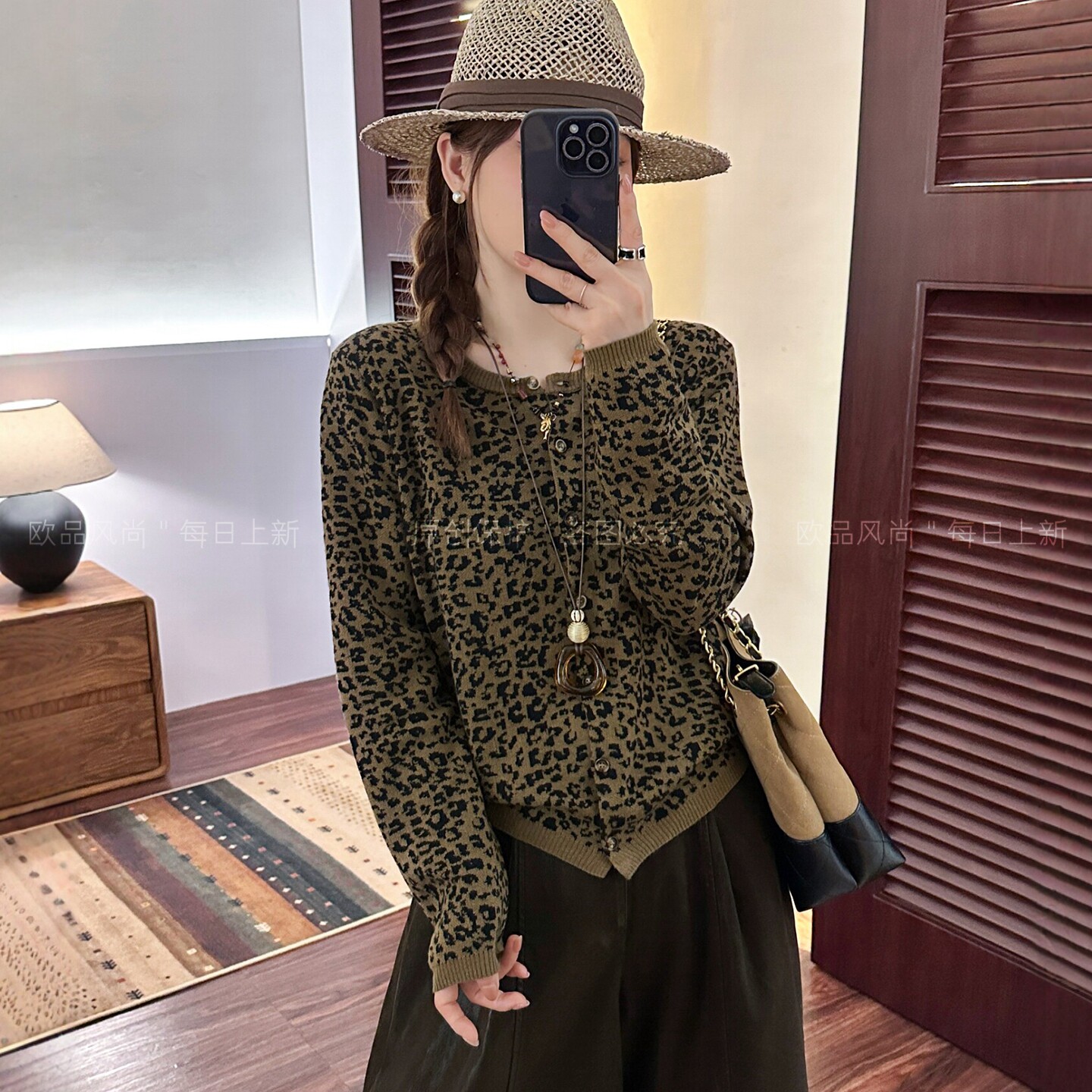 复古豹纹羊毛针织开衫女欧货上衣