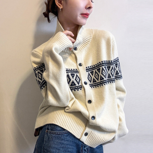 打底衫 复古提花高领羊毛针织开衫 欧货女装 新款 潮 女欧洲站2025冬装