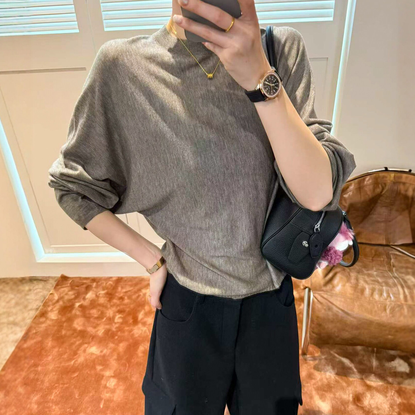 小立领蝙蝠袖羊毛针织衫女欧洲站