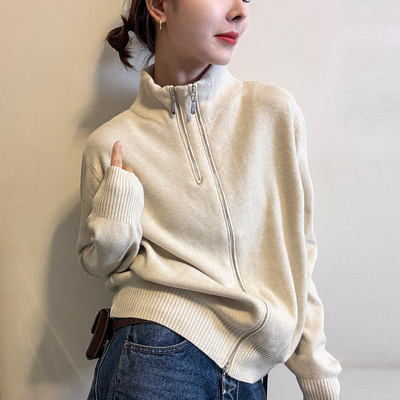 小半高领拉链羊毛针织开衫女欧货