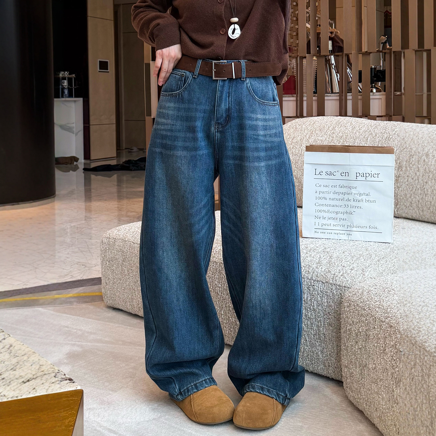 拖地加绒阔腿牛仔裤女欧洲站2025冬装新款欧货女装时尚加厚裤子潮