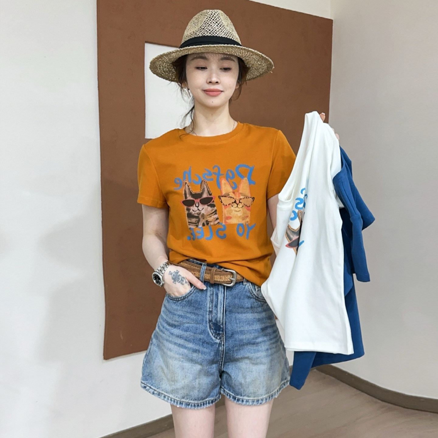 猫咪印花修身短袖T恤女欧洲站2026夏季新款欧货女装时尚打底衫潮