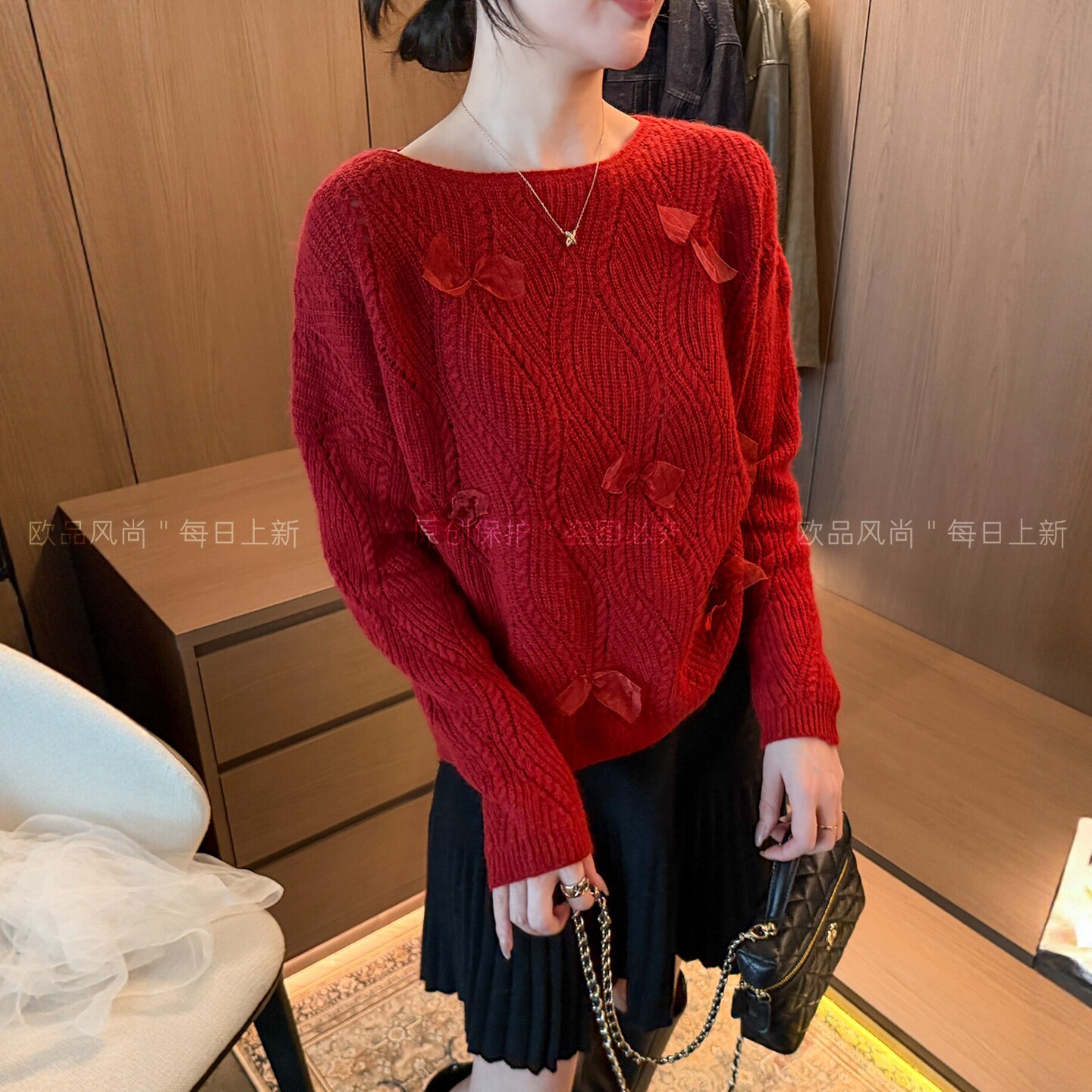 蕾丝蝴蝶结绵羊毛针织衫女欧洲站