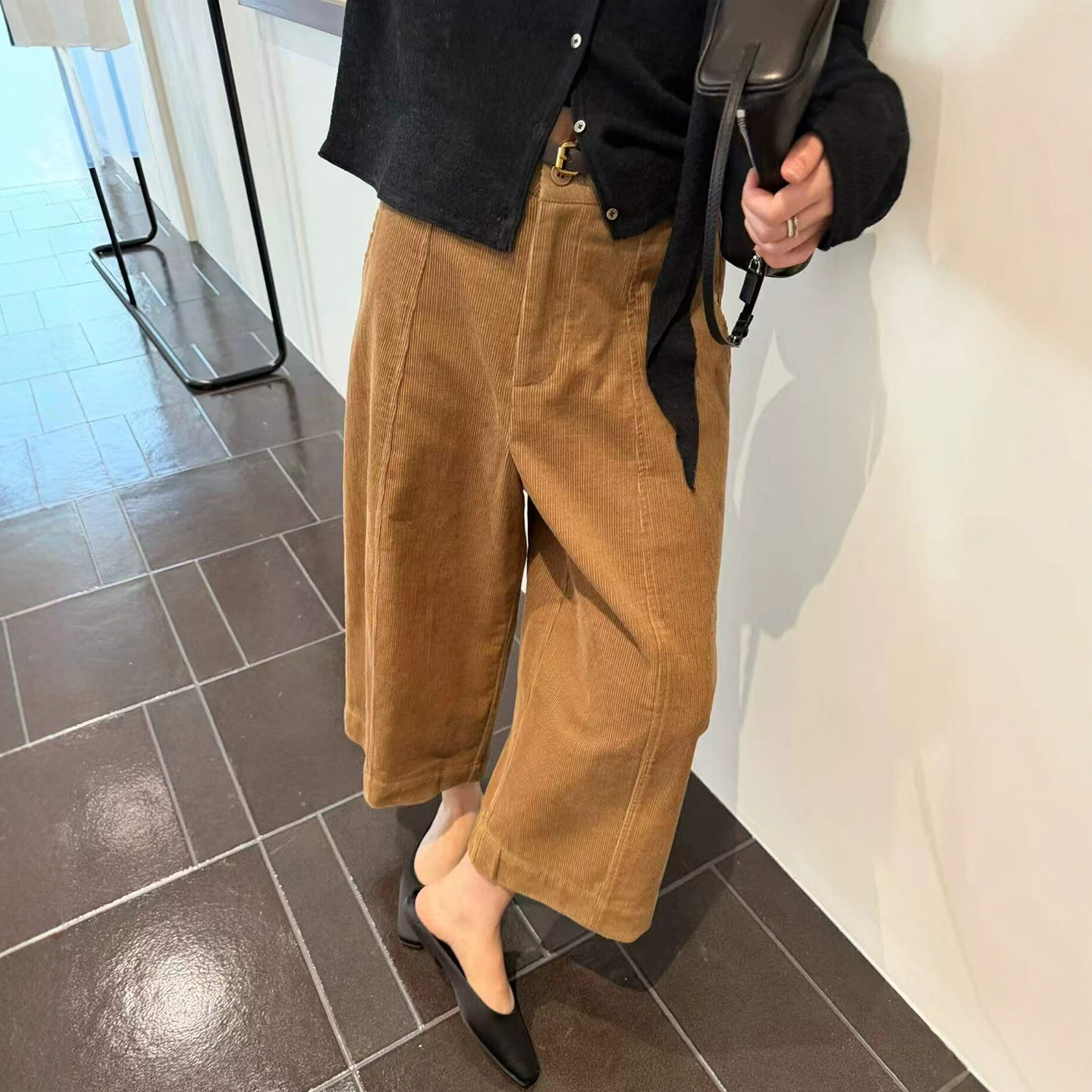 立体裁剪灯芯绒八分阔腿裤女欧货