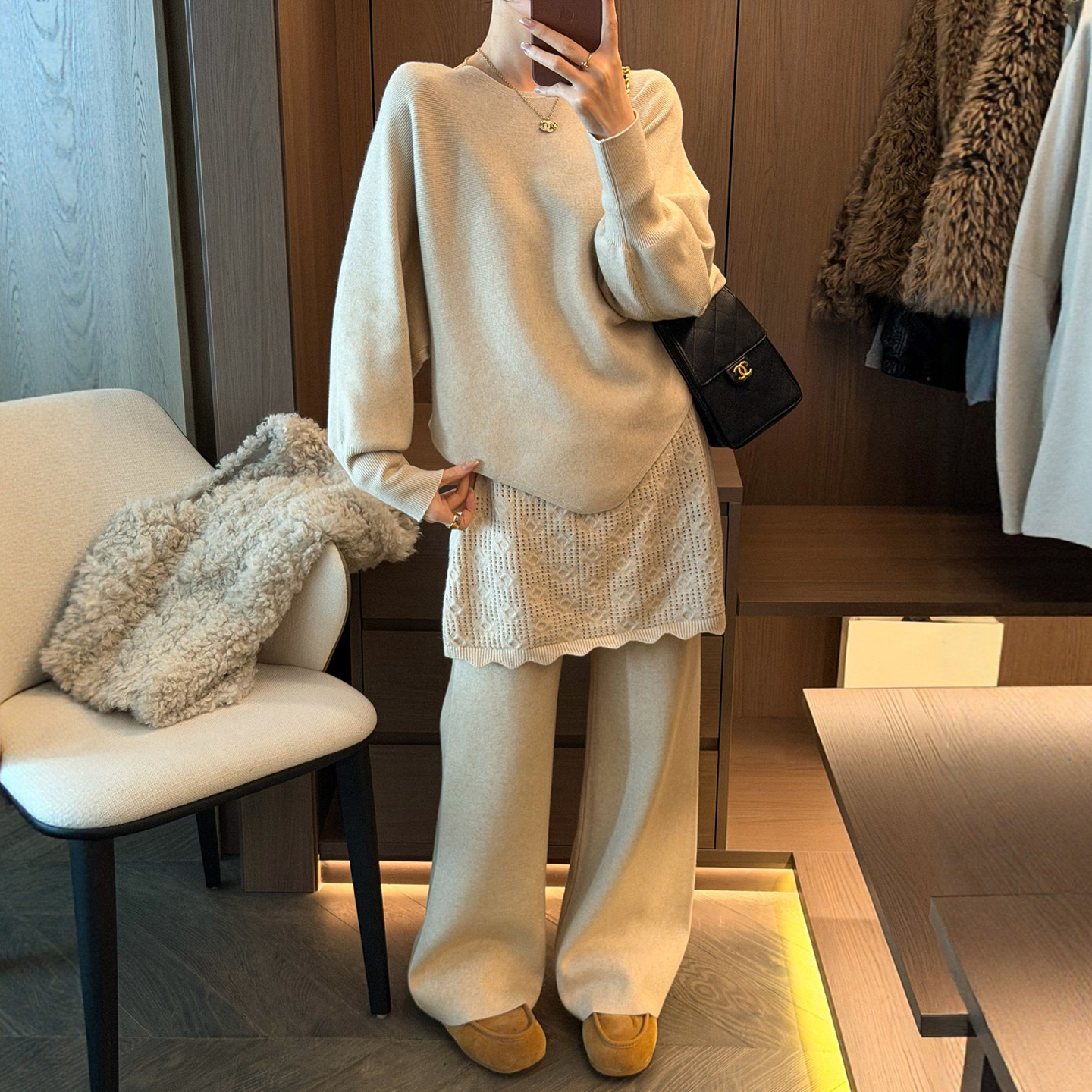 不规则羊毛针织衫阔腿裤两件套装女欧洲站2025冬装新款欧货女装潮,女装/女士精品,时尚套装,淘宝优惠券,粉丝福利购,淘宝优惠卷