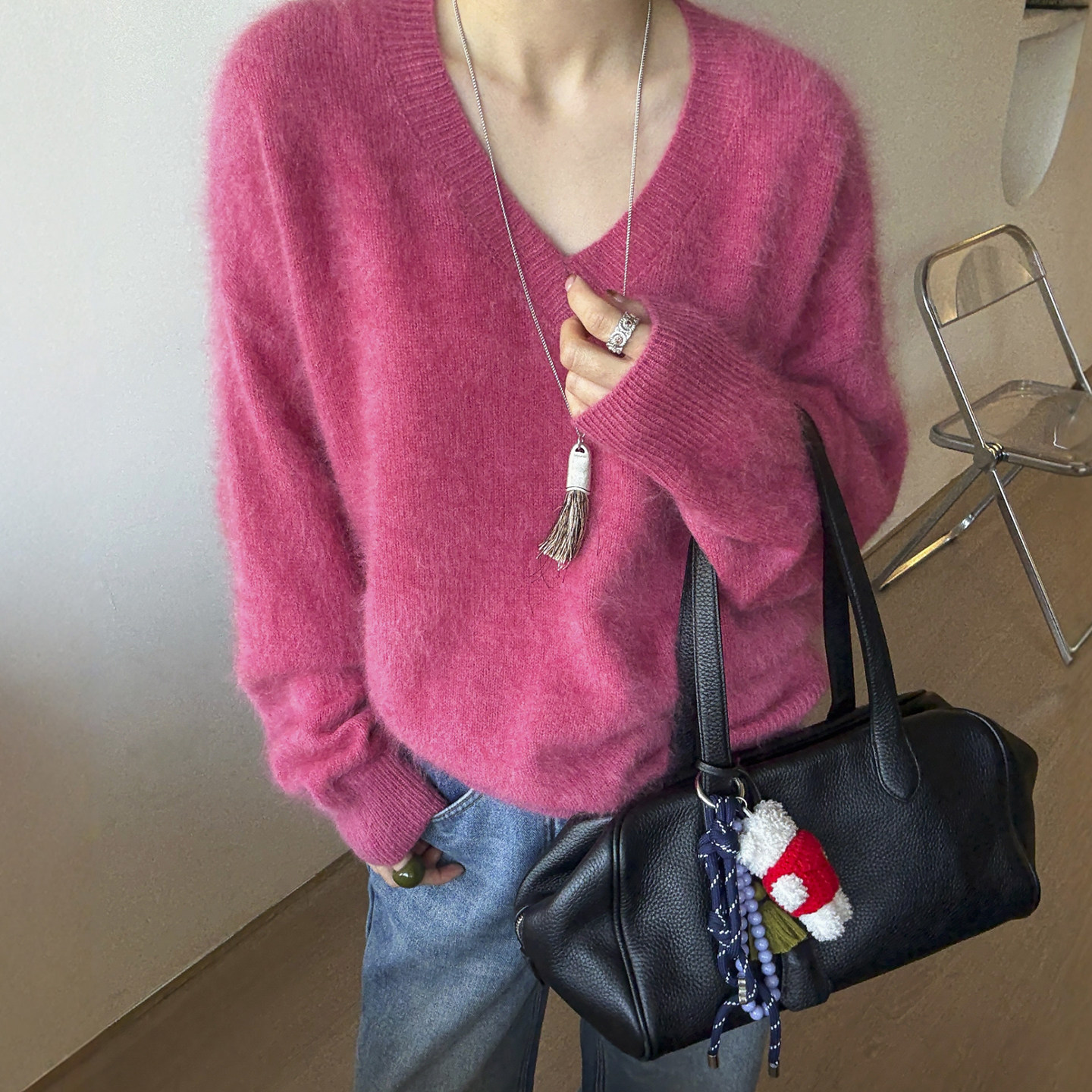 糖果色V领拉毛羊绒针织衫女欧洲站2025冬装新款欧货女装打底衫潮