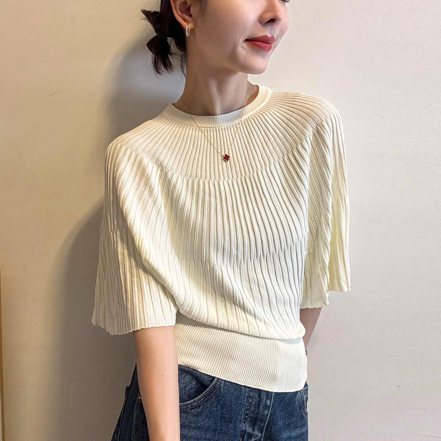 温柔风压褶冰丝针织衫女欧洲站2026夏装新款欧货女装中袖打底衫潮