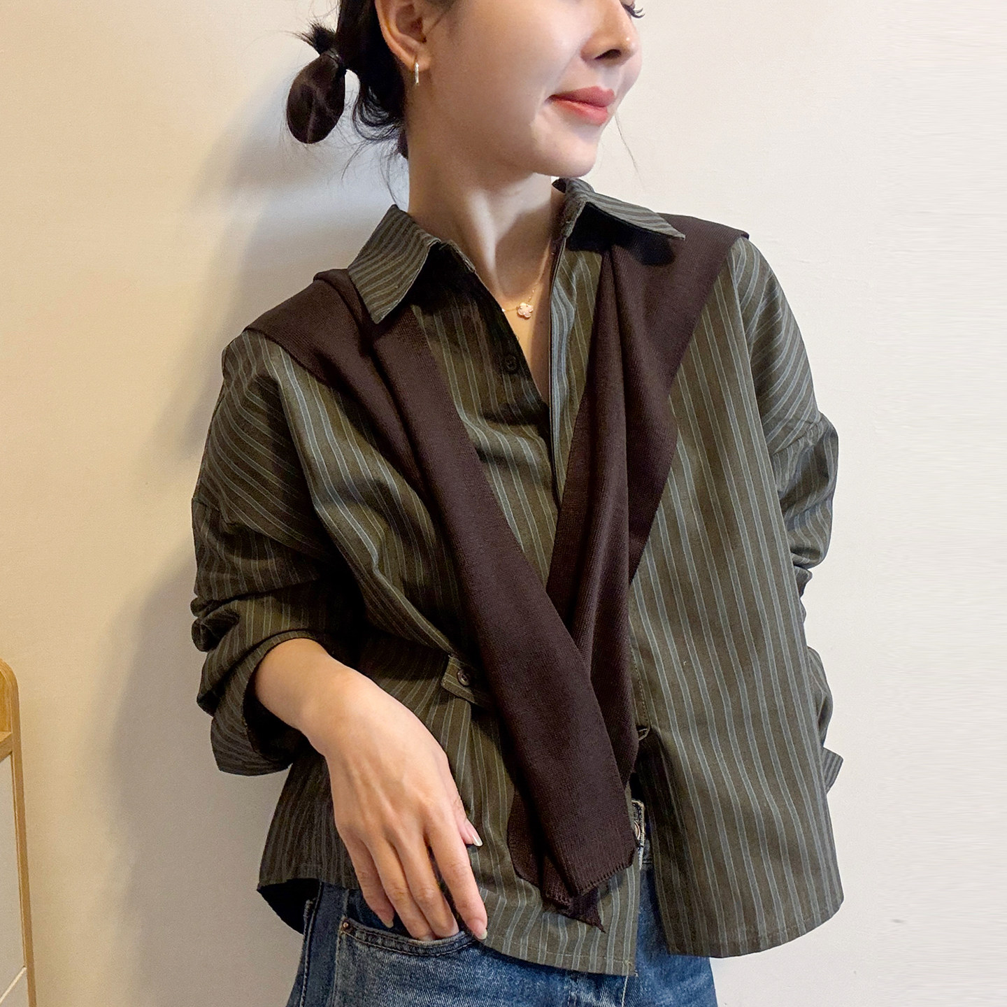 配披肩POLO领竖条纹衬衫女欧洲站