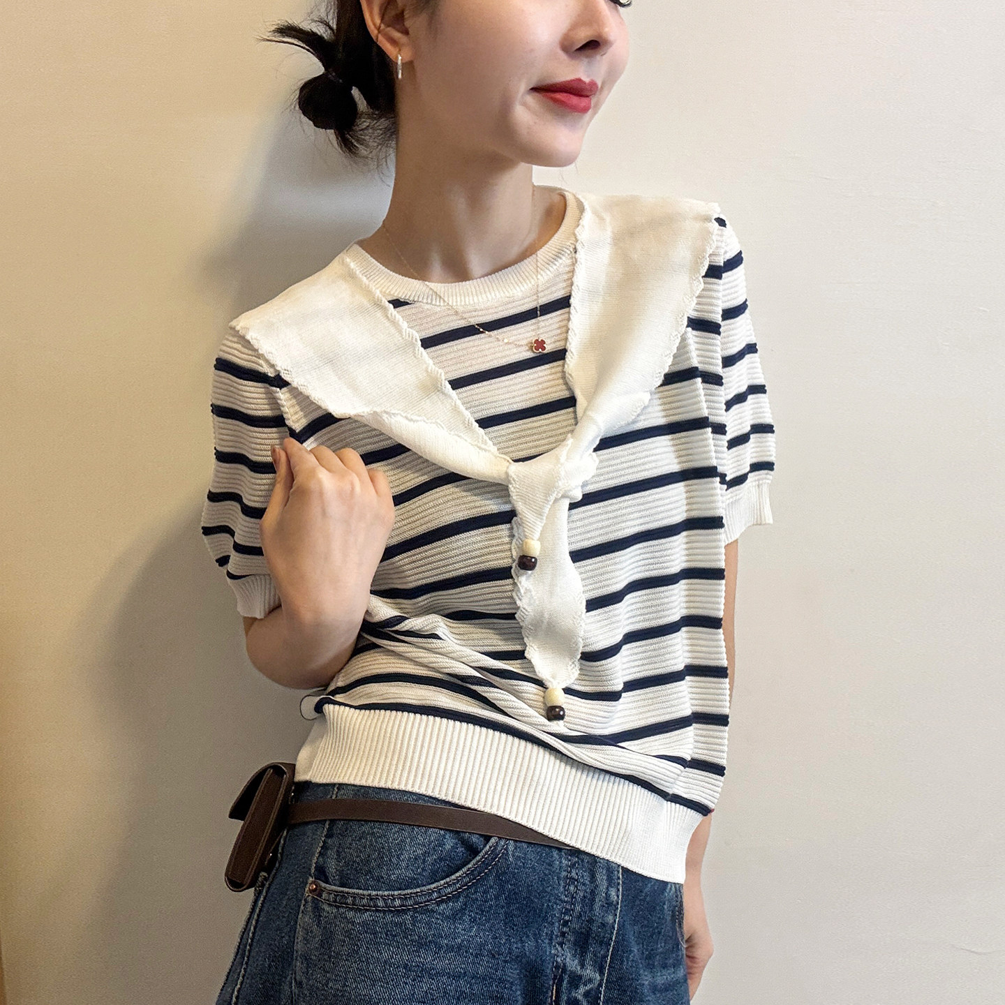配披肩条纹冰丝针织衫女欧洲站2026春装新款欧货女装薄款打底衫潮