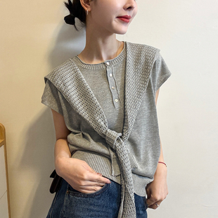 女欧洲站2026春装 打底衫 新款 短袖 潮 欧货女装 配披肩卷边冰丝针织衫