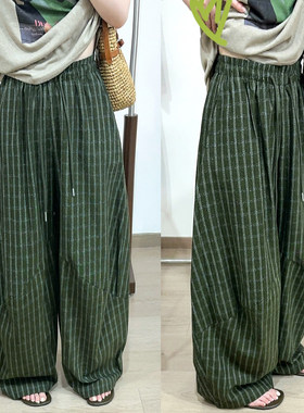 撞色格子拖地弯刀阔腿裤女欧洲站
