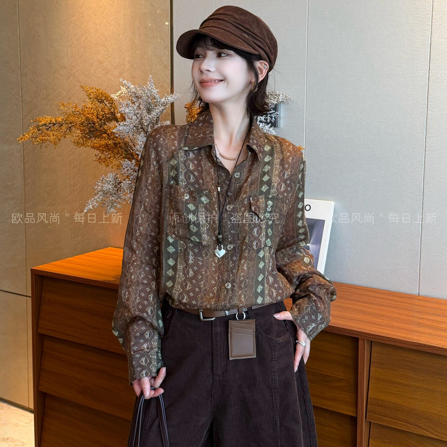 老钱风POLO领苎麻衬衫女欧货上衣
