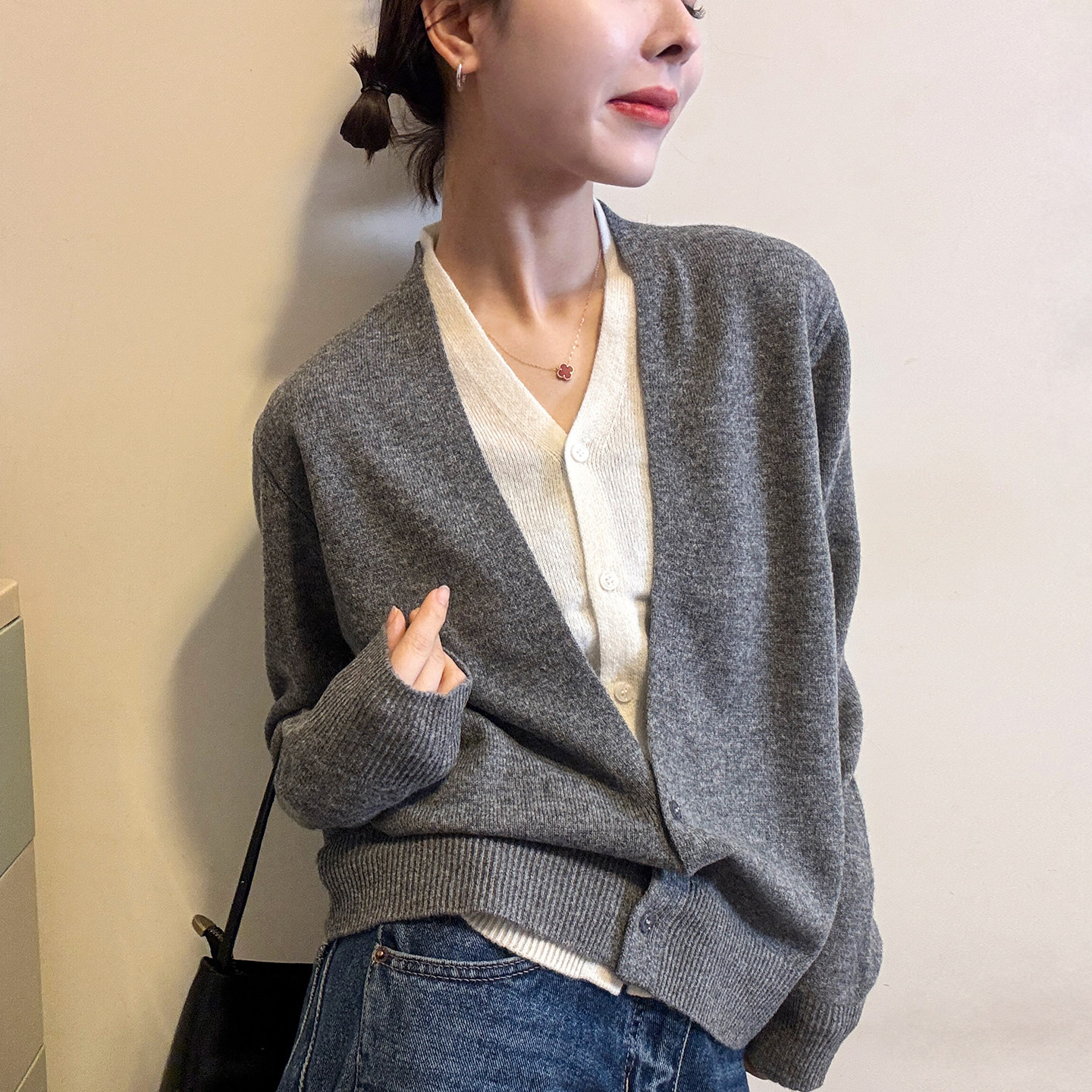 假两件拼接V领羊毛针织开衫女欧洲站2026春装新款欧货女装毛衣潮