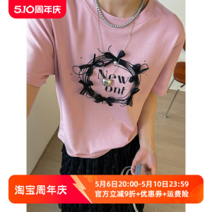 钉珠蝴蝶结印花短袖T恤女欧洲站夏装2024新款欧货女装韩版上衣潮