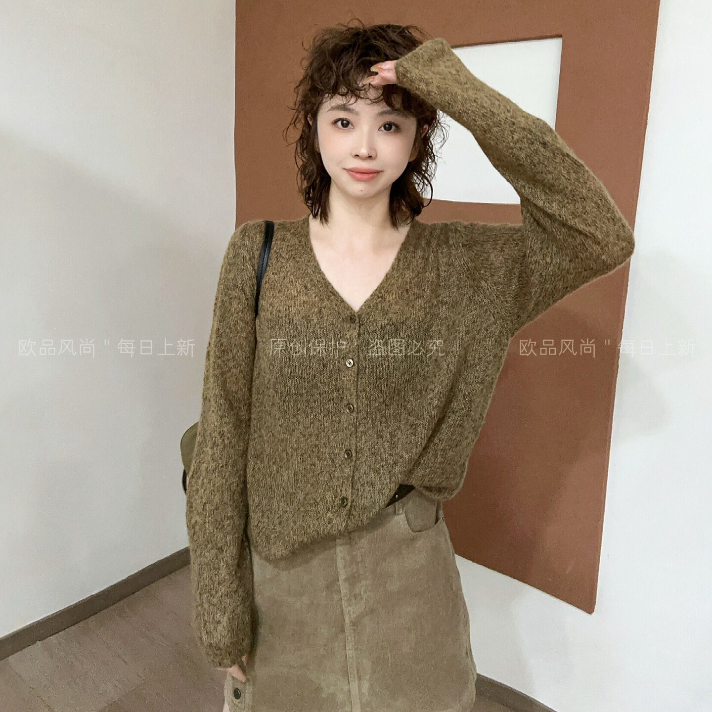 杂线V领绵羊毛针织开衫女欧洲站