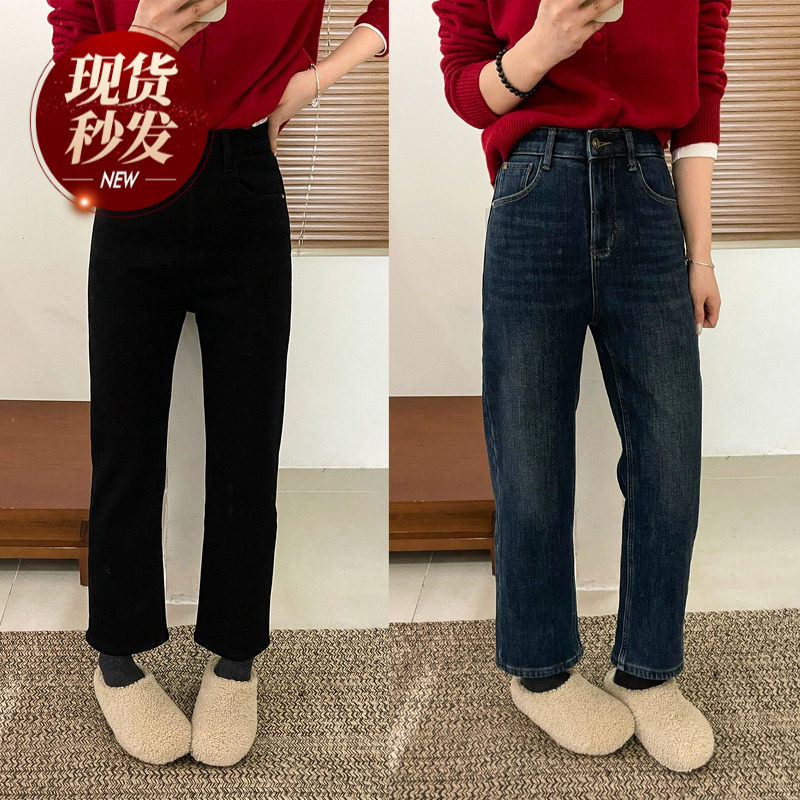 四面弹加厚加绒烟管牛仔裤女欧货