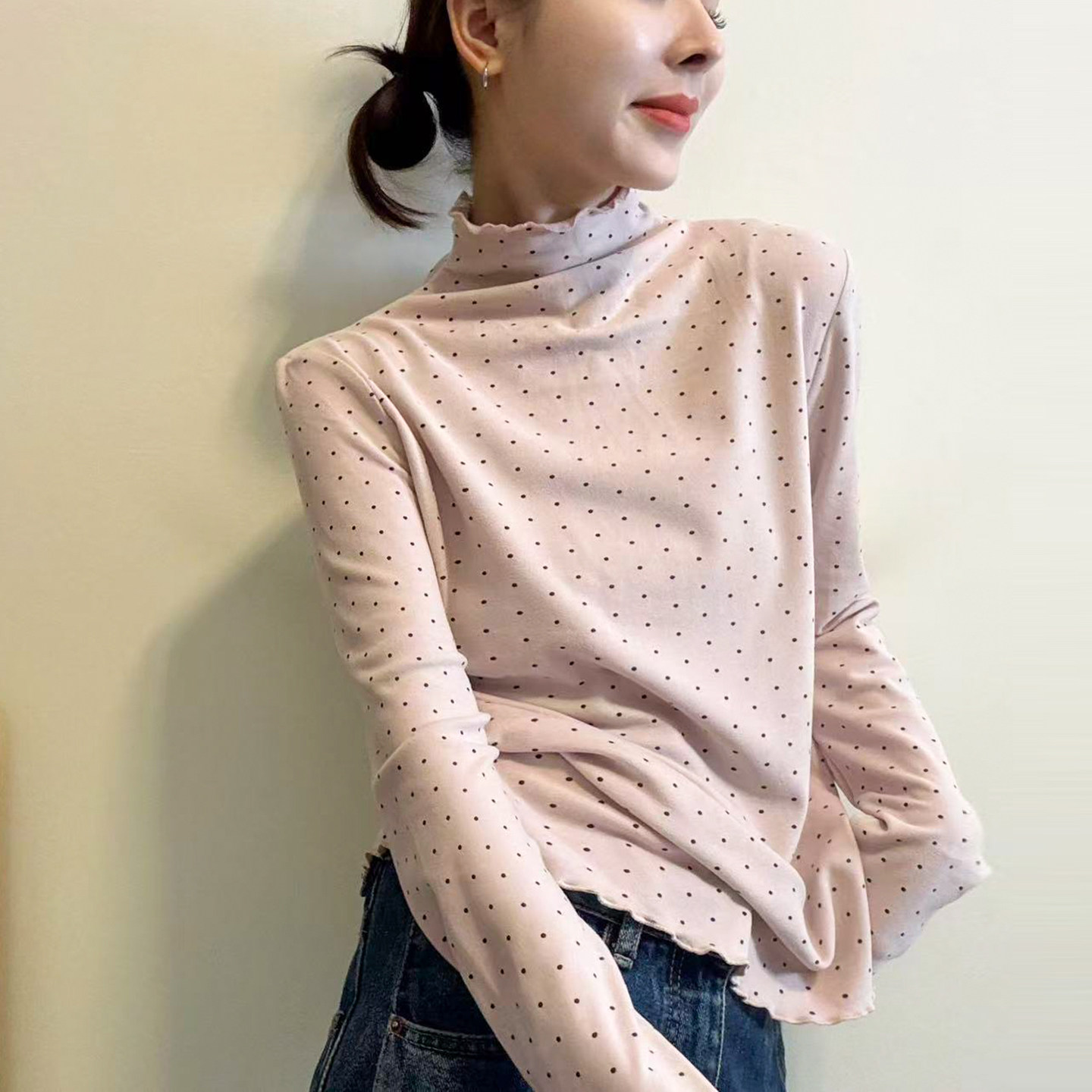 小半高领波点磨毛长袖T恤女欧货