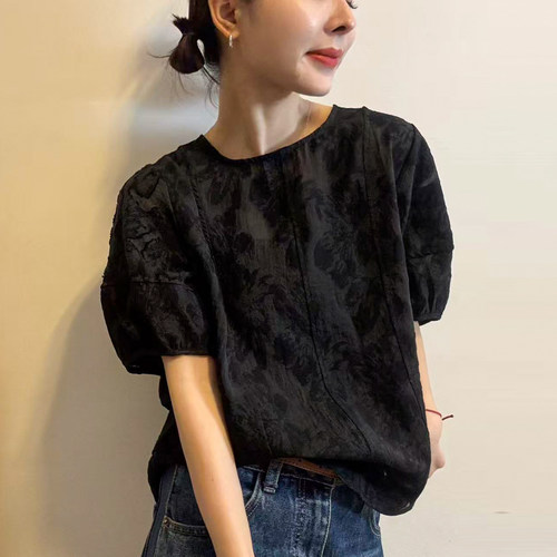复古提花泡泡袖衬衫女欧洲站上衣