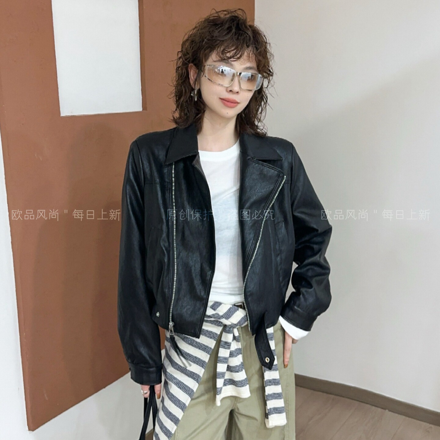 复古翻领蛋白皮PU皮衣外套女欧货