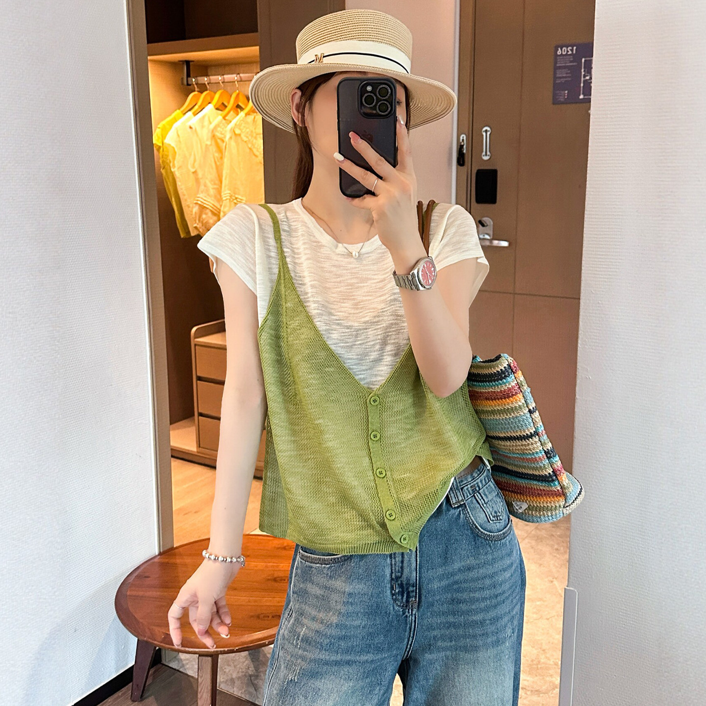 假两件拼接吊带冰丝针织衫女欧货