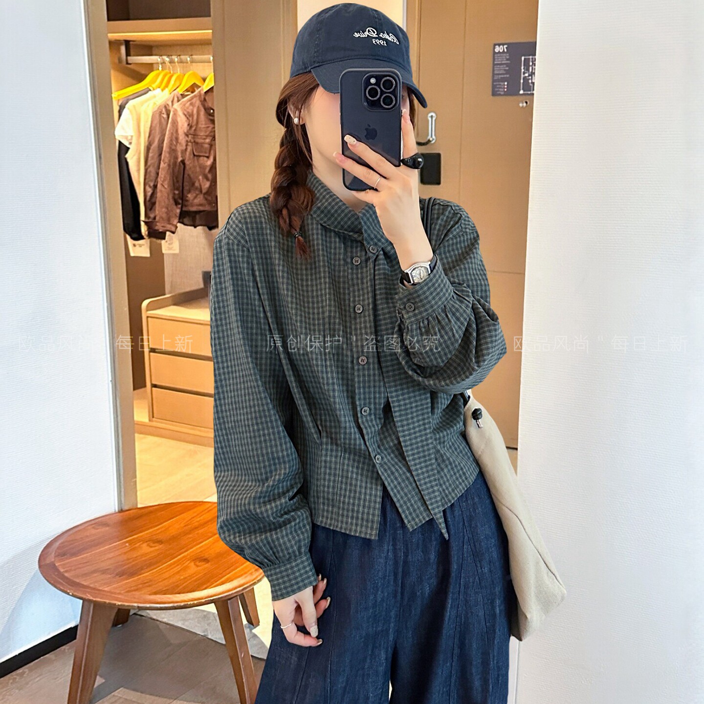 配领带撞色格子衬衫女欧洲站上衣