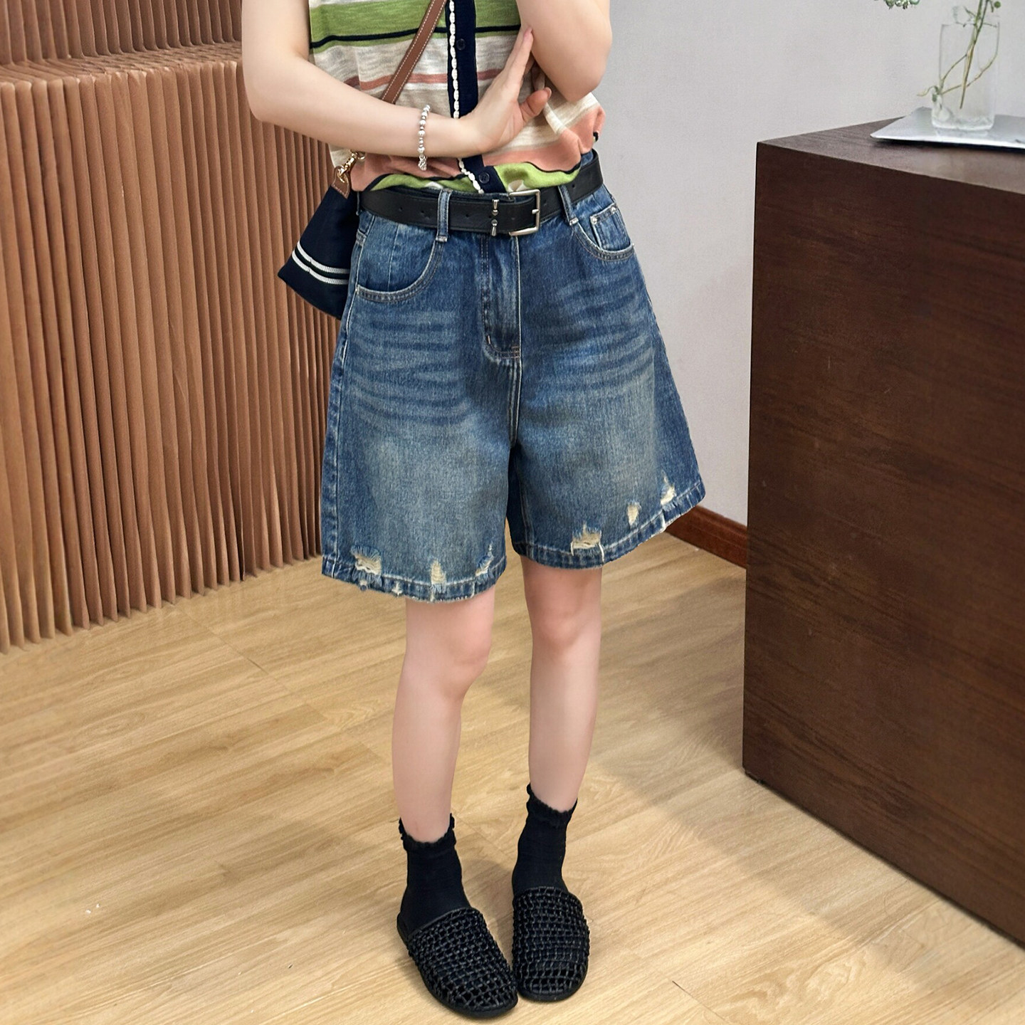 复古破洞四分牛仔短裤女欧货中裤