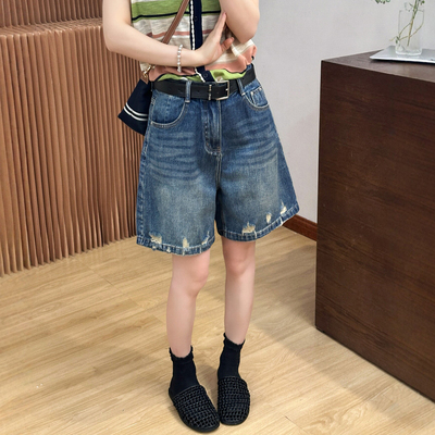 复古破洞四分牛仔短裤女欧货中裤
