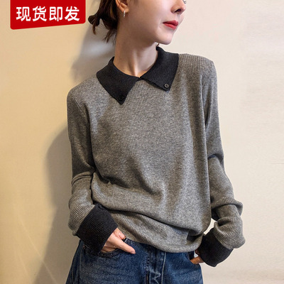 撞色翻领细羊毛针织衫女欧洲站潮
