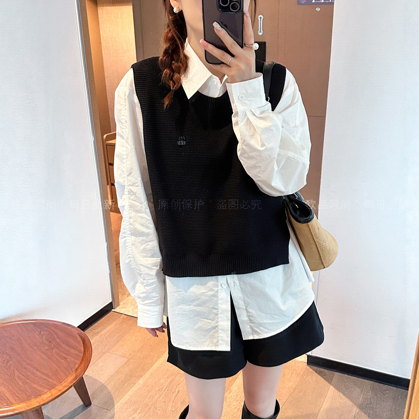 针织马甲衬衫两件套上衣女欧洲站