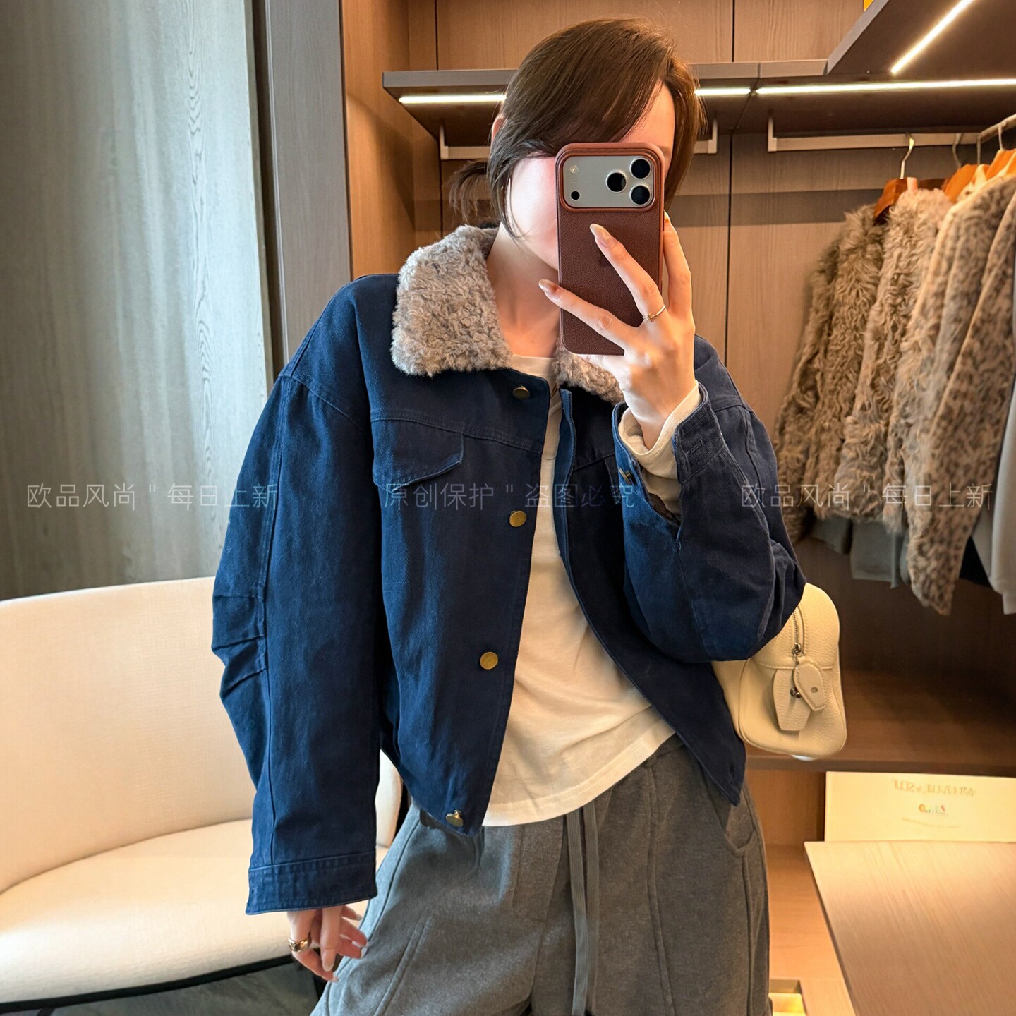 羊羔毛翻领加棉牛仔外套女欧洲站