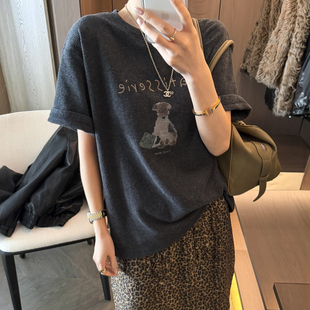小狗刺绣印花磨毛短袖T恤女欧洲站2025冬装新款欧货女装打底衫潮