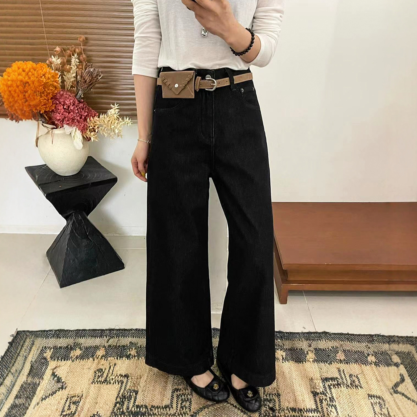 配腰包加绒阔腿牛仔裤女欧货裤子
