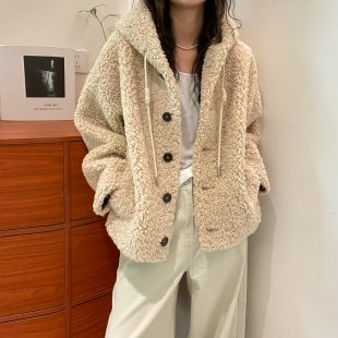 羊羔毛颗粒绒连帽皮毛一体外套女欧洲站2026秋季新款欧货女装皮草