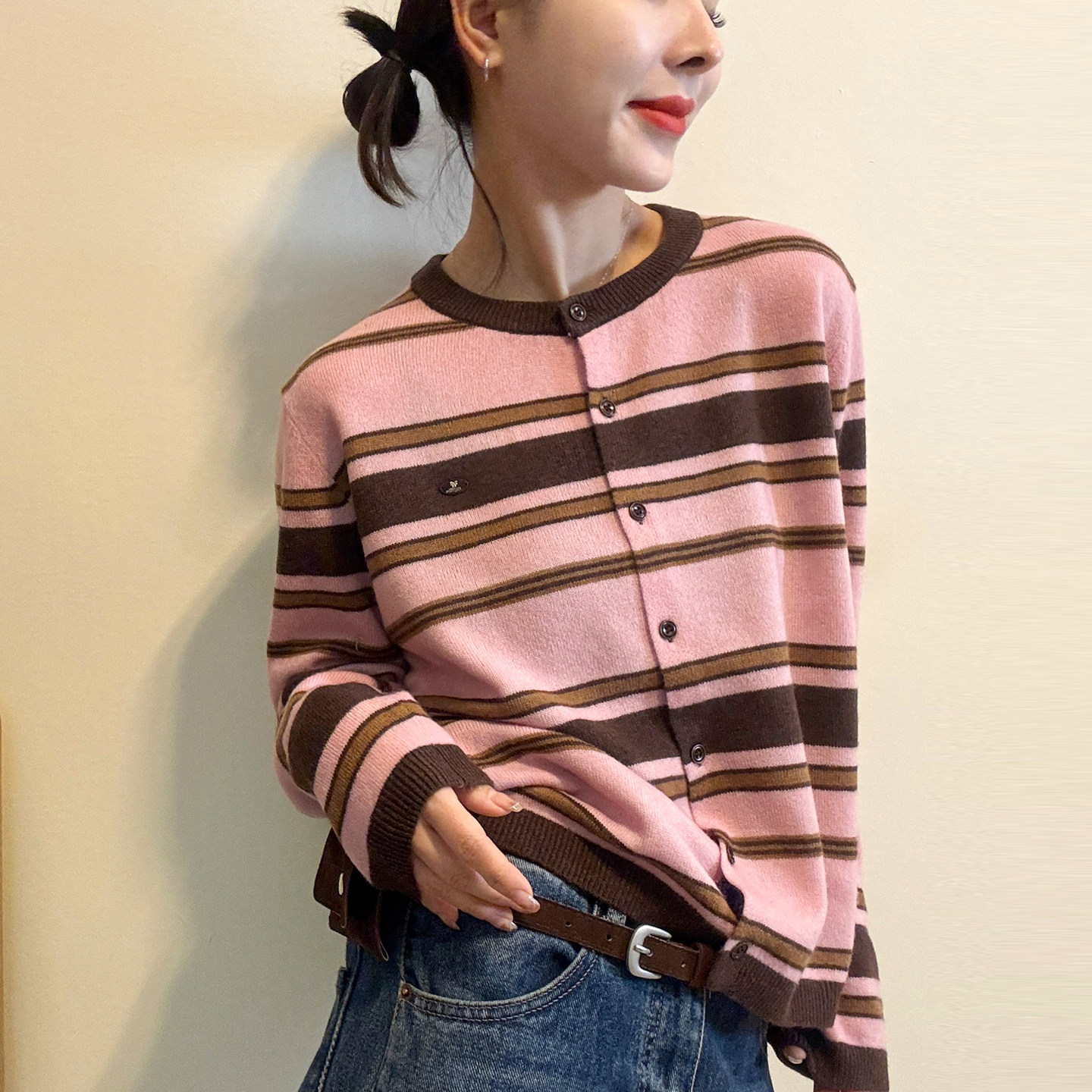 复古贴标条纹羊毛针织开衫女欧货