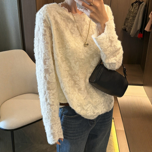 洋气打底衫 重工钩花刺绣蕾丝衬衫 欧货女装 新款 潮 女欧洲站2025冬装