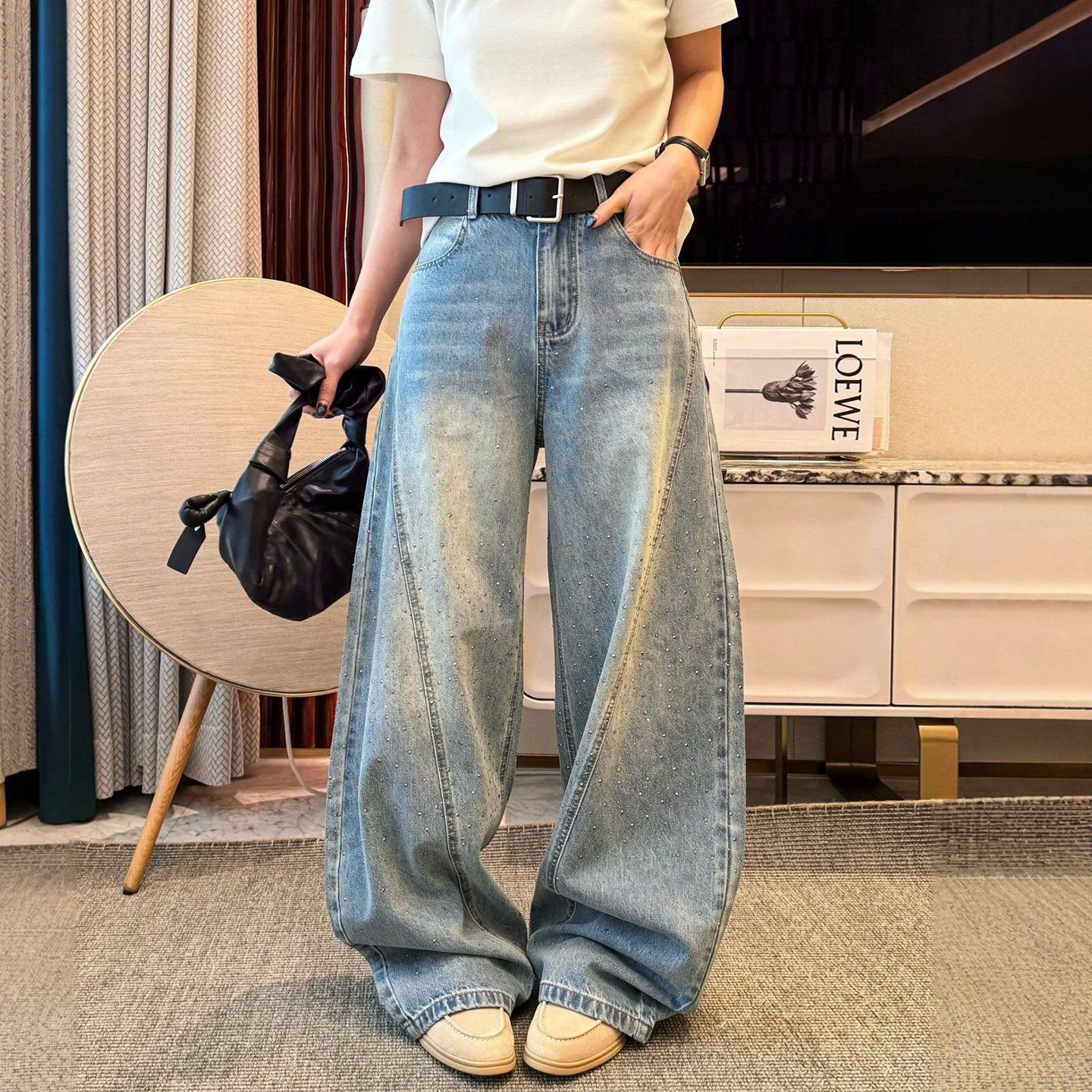 重工烫钻拖地阔腿牛仔裤女欧洲站2026春装新款欧货女装直筒裤子潮