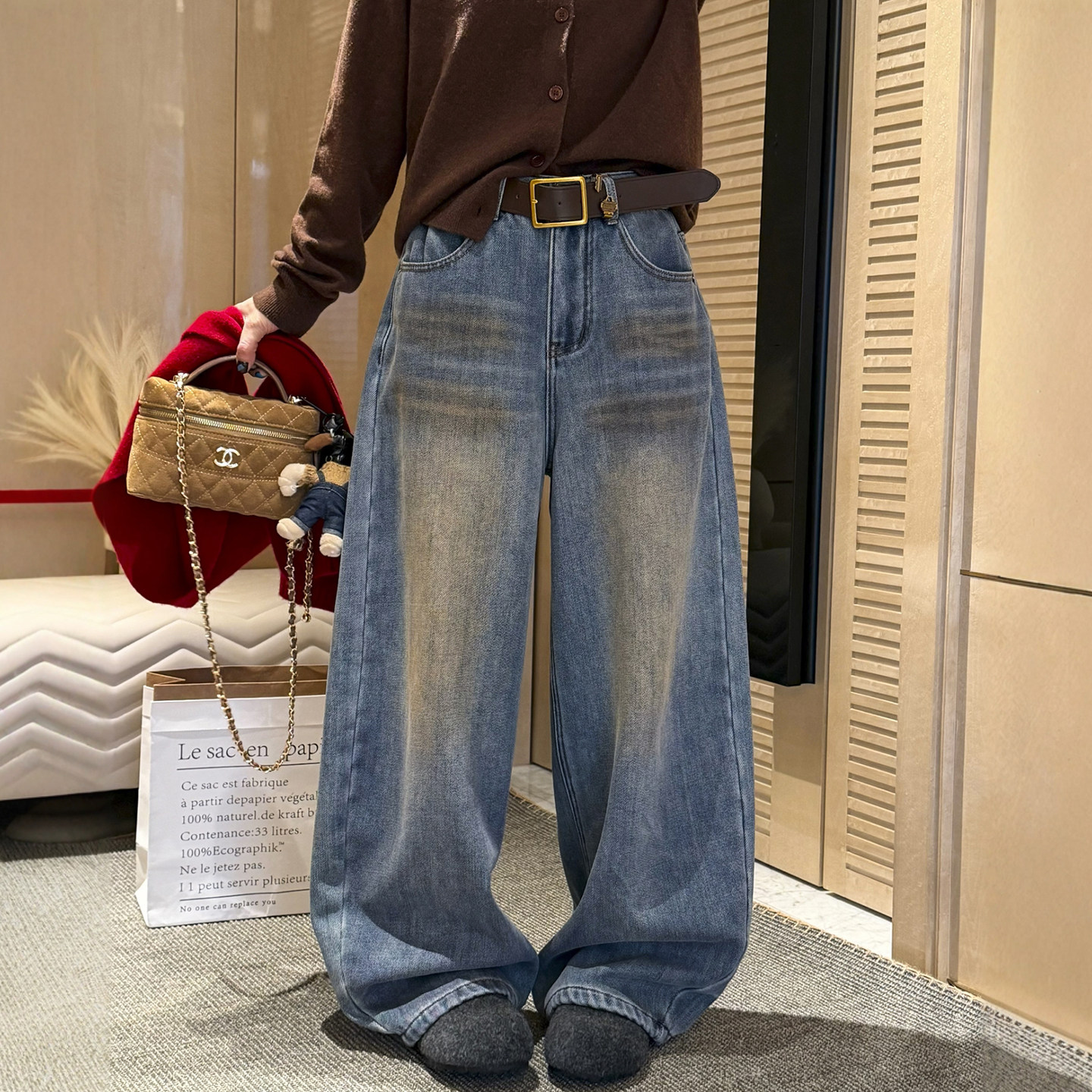 拖地做旧加绒阔腿牛仔裤女欧洲站2025冬装新款欧货女装直筒裤子潮