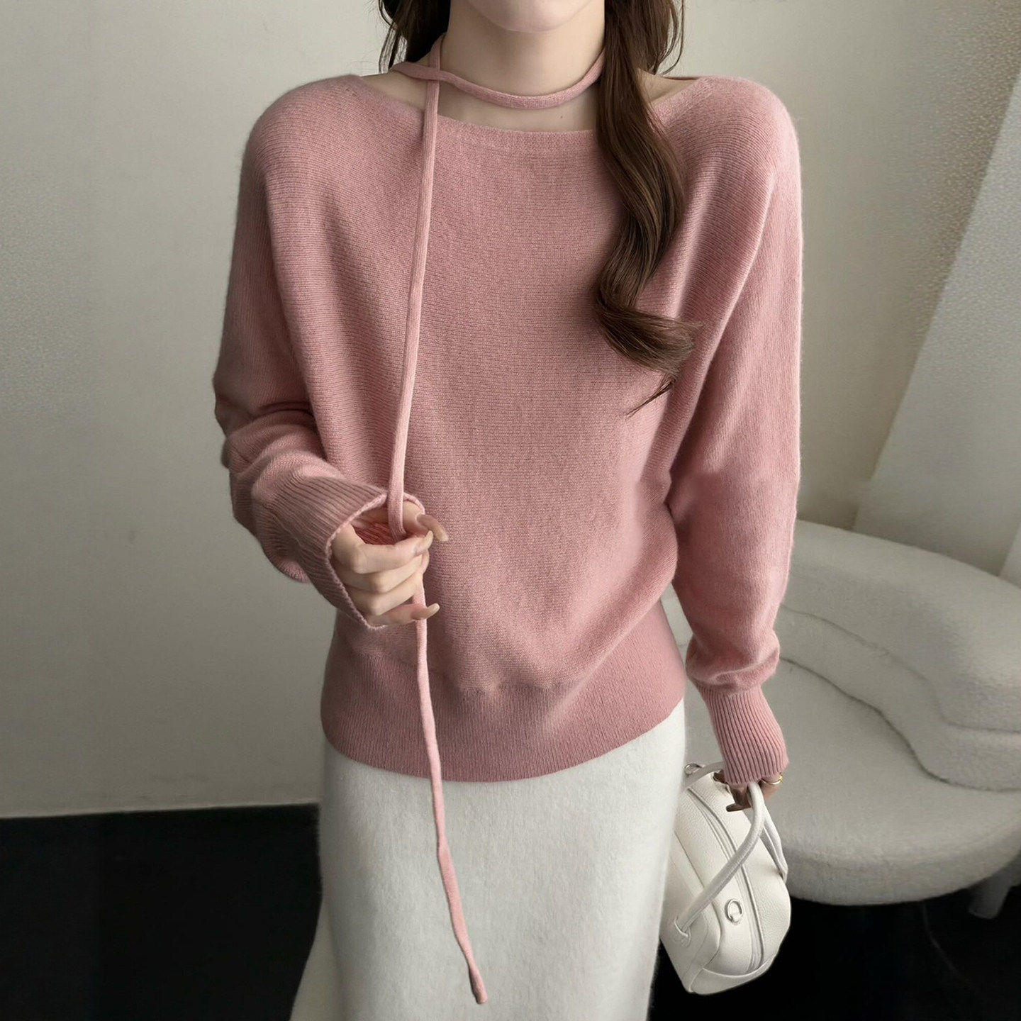 一字领蝙蝠袖山羊绒针织衫女欧货