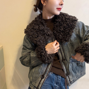 加厚派克服潮 欧货女装 羊卷毛翻领牛仔羽绒服女欧洲站2025冬装 新款