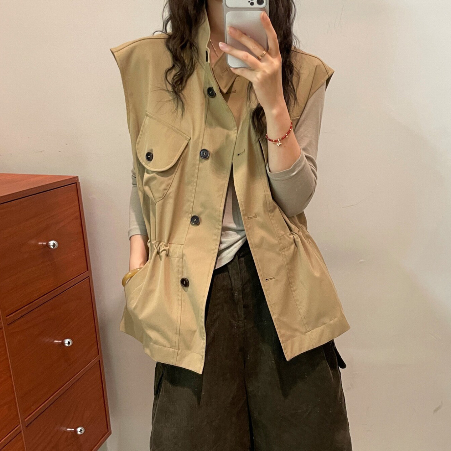 复古立领收腰工装马甲外套女欧货