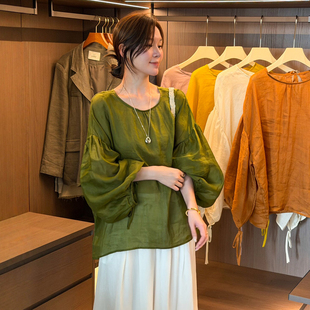 100%苎麻系带灯笼袖衬衫女欧洲站2026夏季新款欧货女装麻料防晒衣