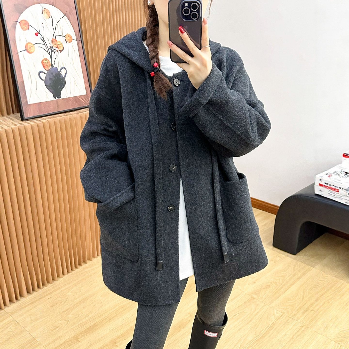 抽绳连帽双面羊绒大衣女欧洲站潮