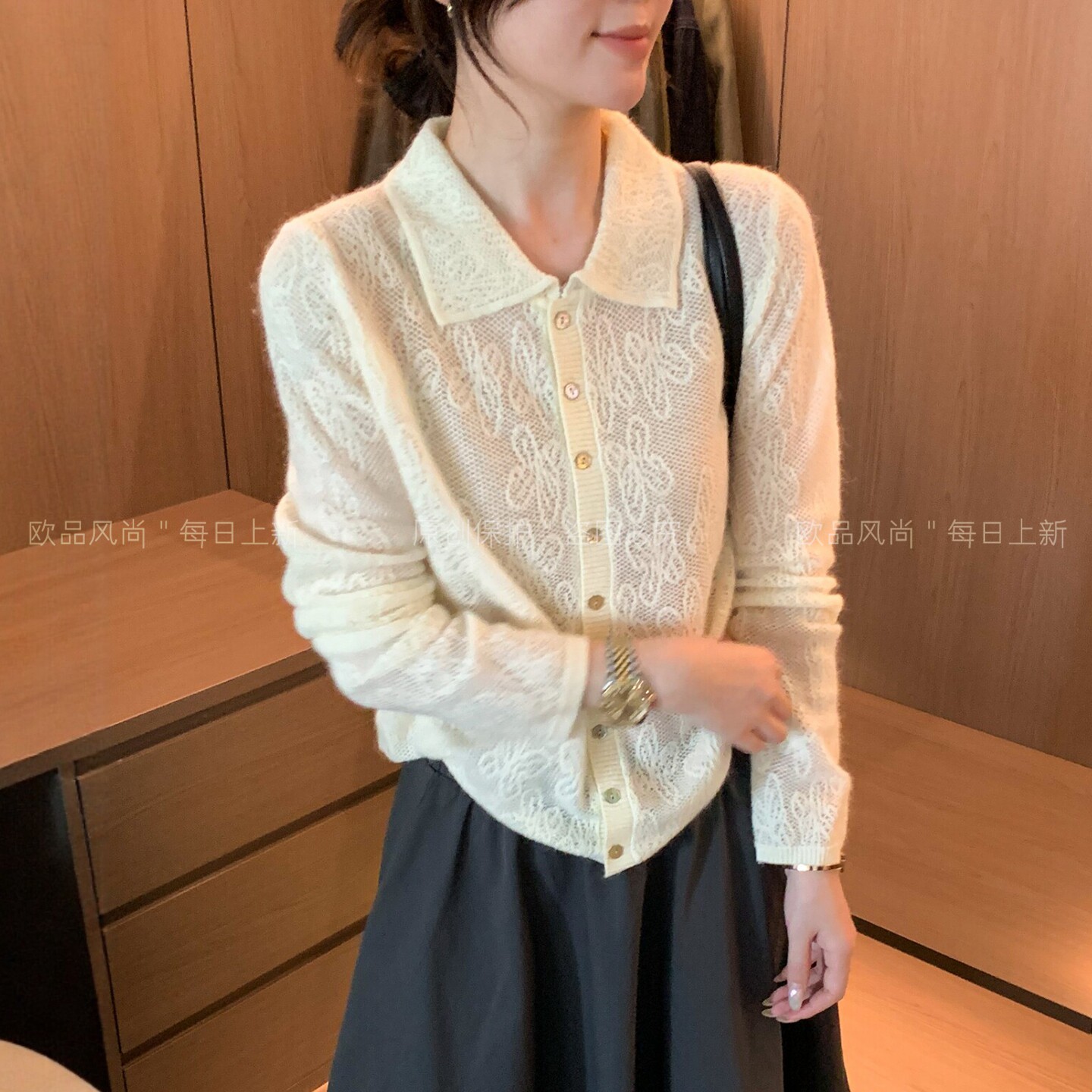 POLO领镂空绵羊毛针织衫女欧洲站