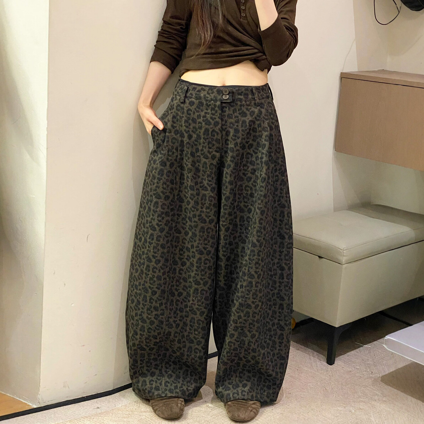 复古豹纹拖地直筒阔腿裤女欧洲站