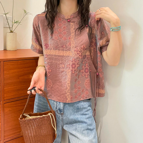 新中式国风盘扣醋酸衬衫女欧洲站